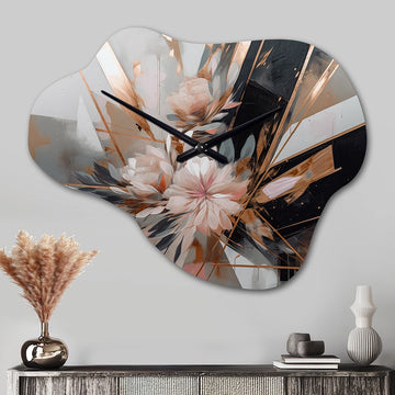 Rose Gold Linear Floral Elegance II - Asymmetric Metal Wall Clock